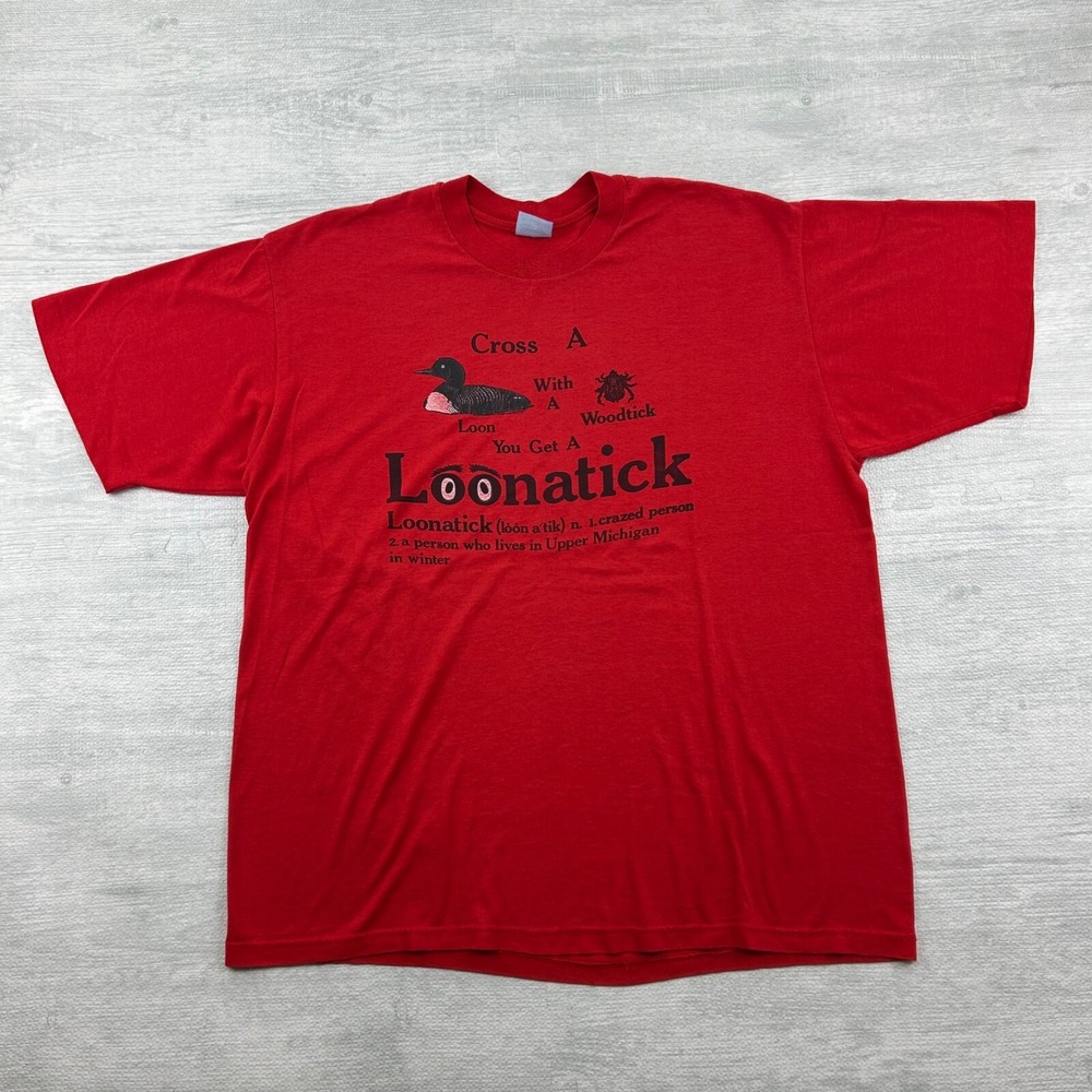 Vintage 80s Loonatick Shirt Size XL Red Funny Michigan Parody Saying Duck